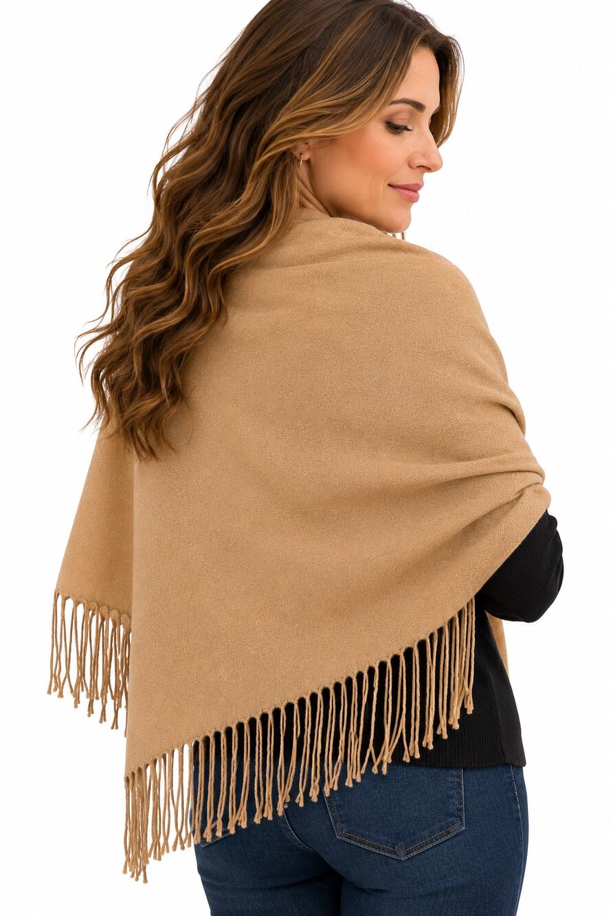 Pashmina Shawl Camel Tan Cashmere Wool Blend Wrap Scarf Fringe New With Tags
